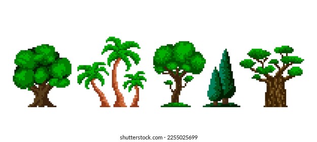Green pixel trees. A large oak tree with a tropical palm tree and a tall pine tree. Savanna baobab with cedar. Retro 8-bit graphics for computer games. Isolated on background.