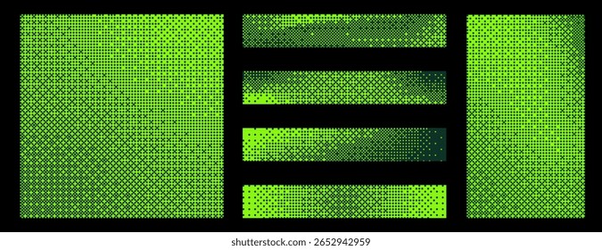 Green pixelated bitmap texture background set. Retro pixel art, glitch dither pattern, 8 bit background. Leisure or arcade games duotone border frame. Vector illustration