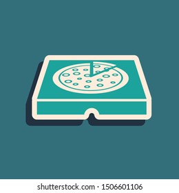 Green Pizza in cardboard box icon isolated on blue background. Box with layout elements. Long shadow style. Vector Illustration