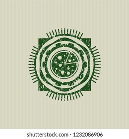Green pizza icon inside distressed rubber grunge texture seal