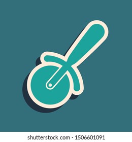 Green Pizza knife icon isolated on blue background. Pizza cutter sign. Steel kitchenware equipment. Long shadow style. Vector Illustration