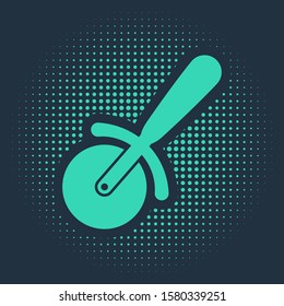 Green Pizza knife icon isolated on blue background. Pizza cutter sign. Steel kitchenware equipment. Abstract circle random dots. Vector Illustration