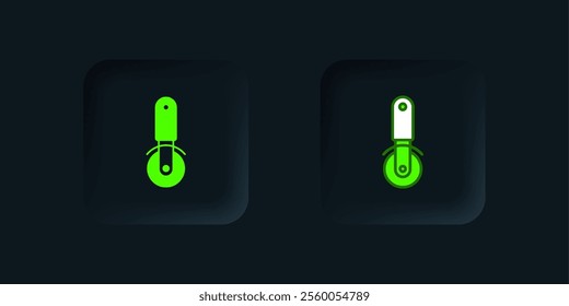 Green Pizza knife icon isolated on black background. Pizza cutter sign. Steel kitchenware equipment. Black square button. Vector