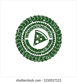 Green pizza slice icon inside distressed rubber grunge seal