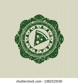 Green pizza slice icon inside distress with rubber seal texture