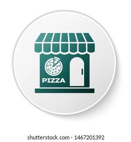 Green Pizzeria building facade icon isolated on white background. Fast food pizzeria kiosk. White circle button. Vector Illustration