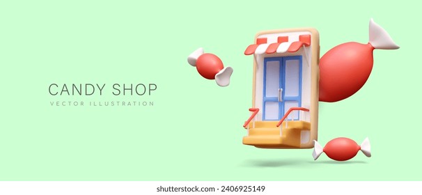 Green placard with realistic smartphone with doors on-screen and flying candies. Concept of candy online shop. Vector illustration in 3d style with place for text