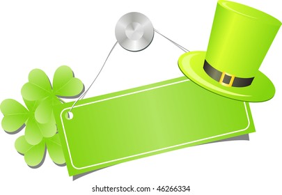 Green placard with tree-leaf clovers and leprechaun hat