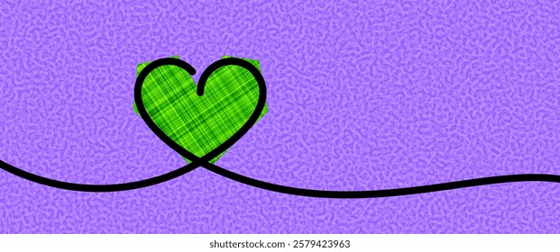 A green plaid heart outlined in black on a textured purple background with a flowing black line. Vector illustration.