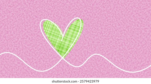 A green plaid heart outlined in white on a textured pink background with a flowing white line. Vector illustration.