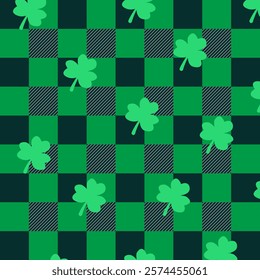 Green plaid pattern with shamrocks, perfect for St Patricks Day designs and festive decorations. Irish themed checkered background with clovers, ideal for textile, wrapping paper, digital designs.