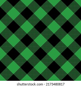 Green Plaid seamless patten. Vector checkered green and black plaid textured background. Traditional diagonal fabric print. Christmas Buffalo Flannel plaid texture, St. Patricks Day print Background.