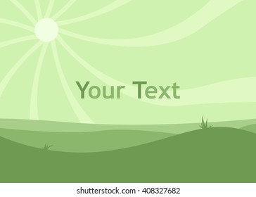 Green plain vector illustration. Sun over a green valley.