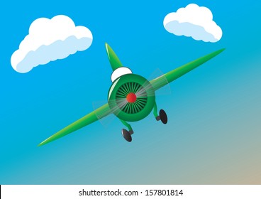 The green plane against the blue sky