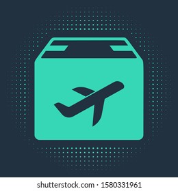 Green Plane and cardboard box icon isolated on blue background. Delivery, transportation. Cargo delivery by air. Airplane with parcels, boxes. Abstract circle random dots. Vector Illustration