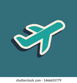 Green Plane icon isolated on blue background. Flying airplane icon. Airliner sign. Long shadow style. Vector Illustration