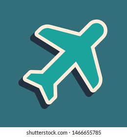 Green Plane icon isolated on blue background. Flying airplane icon. Airliner sign. Long shadow style. Vector Illustration