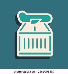 Green Plane icon isolated on green background. Delivery, transportation. Cargo delivery by air. Airplane with parcels, boxes. Long shadow style. Vector