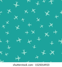 Green Plane icon isolated seamless pattern on green background. Delivery, transportation. Cargo delivery by air. Airplane with parcels, boxes.  Vector Illustration