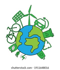 Green planet, alternative renewable energy, climate change concept design with planet earth, electric car, solar panels, wind turbine, bio fuel
