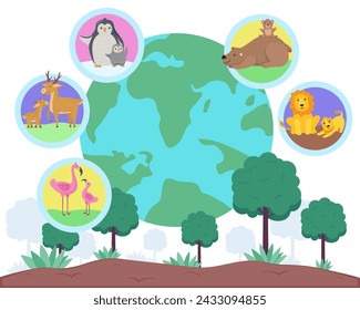 Green planet with animals and birds diversity. Vector illustration. Bears, lions, flamingos, penguins. Biodiversity preservation, ecosystem concept