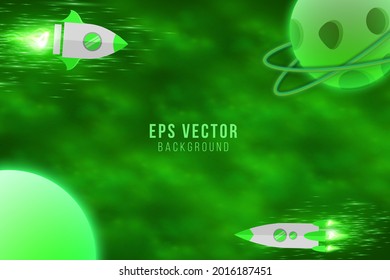 Green planet background vector meteor asteroid rocket plane dark galaxy sky space stars at night