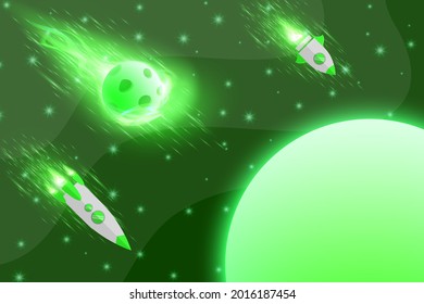 Green planet background vector meteor asteroid rocket plane dark galaxy sky space stars at night