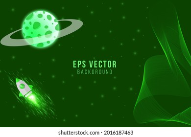 Green planet background vector meteor asteroid rocket plane dark galaxy sky space stars at night