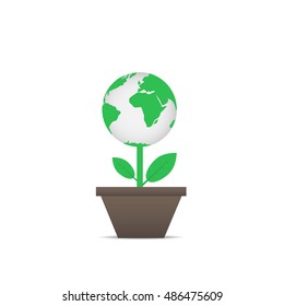 Green planet concept. Abstract earth plant with leaves, vector illustration
