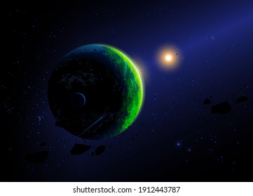 Green planet covered with verdure and water and its sun against the stars