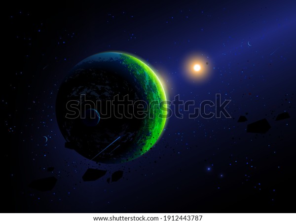 Green planet covered with verdure and water and its\
sun against the stars