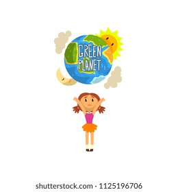 Green Planet and cute happy girl, save the planet, ecology concept vector Illustration on a white background