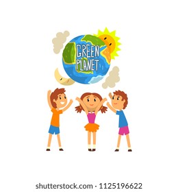Green Planet and cute happy kids, save the planet, ecology concept vector Illustration on a white background
