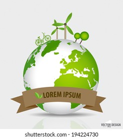 Green planet earth concept. Earth with environment symbols on earth. Vector illustration.