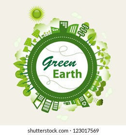 Green Planet Earth Concept. Sustainable Green Living Around The Globe. There Are Wind Turbines, Solar Power Generators, Electric Car, Rain Water Tank And Recycle Bins.