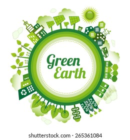 Green planet Earth concept. Sustainable green living around the globe. There are wind turbines, solar power generators, electric car, rain water tanks and recycle bin.