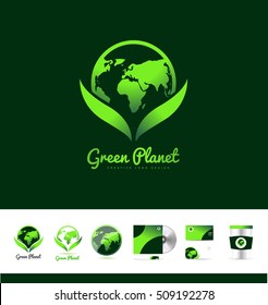 Green planet earth continents ecology nature friendly vector logo icon sign design template corporate identity