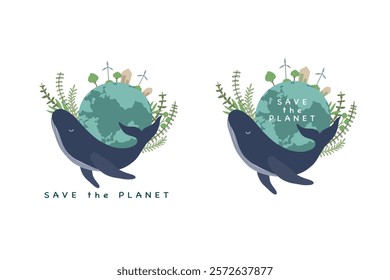 Green planet Earth in flat design on white background. Save the planet, save the earth, save the world. Vector illustration.