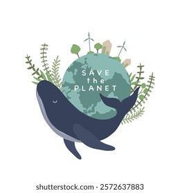 Green planet Earth in flat design on white background. Save the planet, save the earth, save the world. Vector illustration.