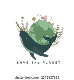 Green planet Earth in flat design on white background. Save the planet, save the earth, save the world. Vector illustration.