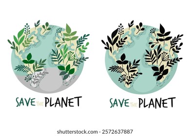 Green planet Earth in flat design on white background. Save the planet, save the earth, save the world. Vector illustration.