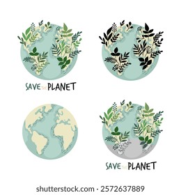 Green planet Earth in flat design on white background. Save the planet, save the earth, save the world. Vector illustration.