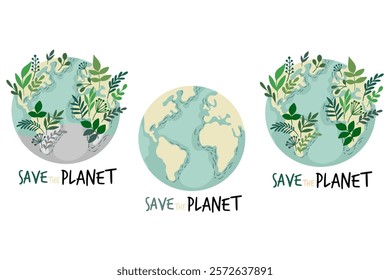 Green planet Earth in flat design on white background. Save the planet, save the earth, save the world. Vector illustration.