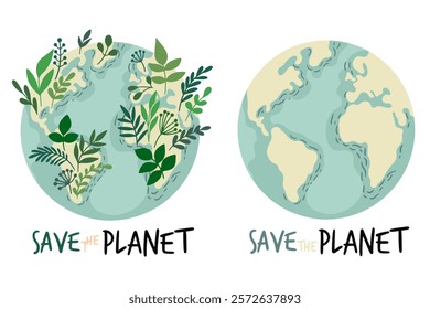 Green planet Earth in flat design on white background. Save the planet, save the earth, save the world. Vector illustration.