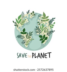 Green planet Earth in flat design on white background. Save the planet, save the earth, save the world. Vector illustration.