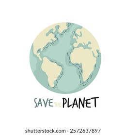 Green planet Earth in flat design on white background. Save the planet, save the earth, save the world. Vector illustration.