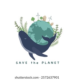 Green planet Earth in flat design on white background. Save the planet, save the earth, save the world. Vector illustration.