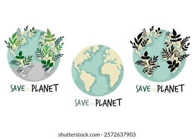 Green planet Earth in flat design on white background. Save the planet, save the earth, save the world. Vector illustration.