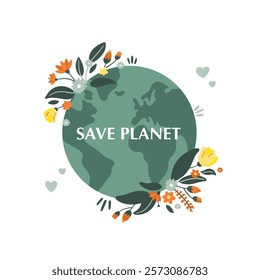 Green planet Earth in flat design on white background. Save the planet, save the earth, save the world. Vector illustration.	
