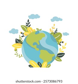 Green planet Earth in flat design on white background. Save the planet, save the earth, save the world. Vector illustration.	
